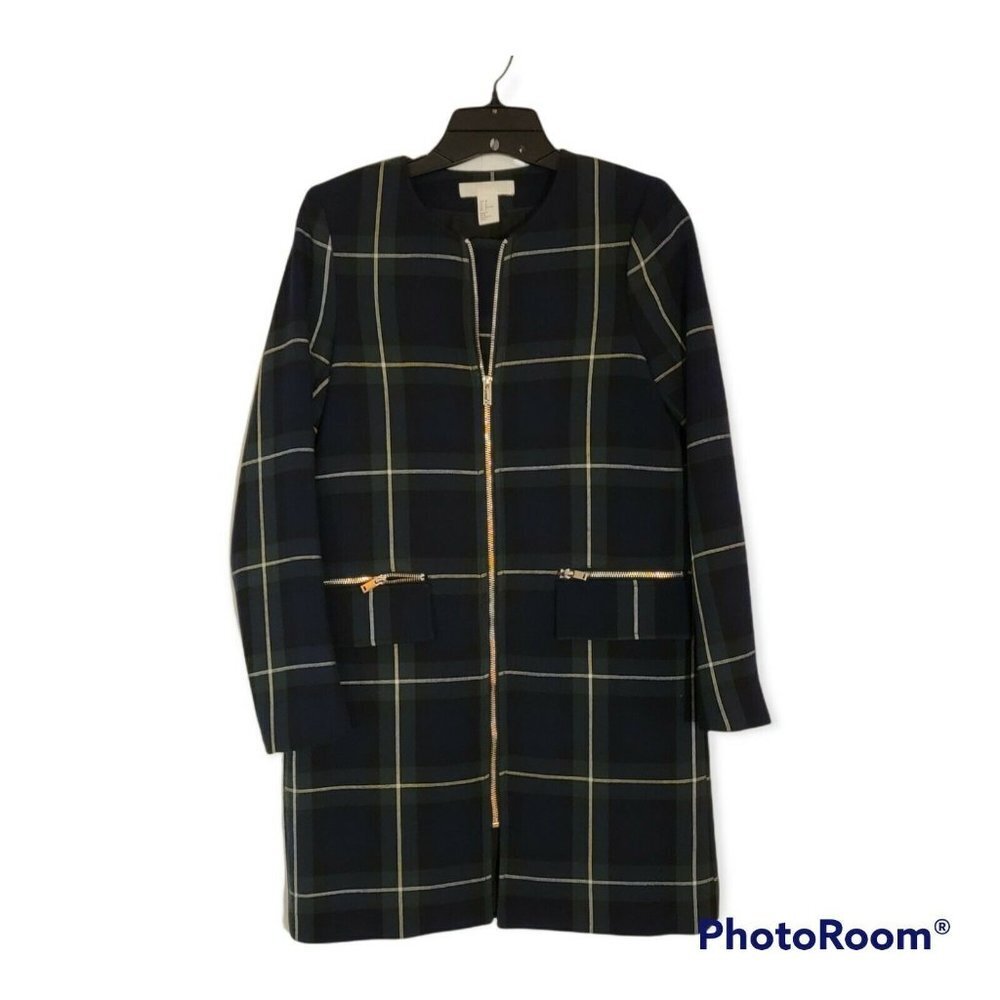 HM Womens Grean And Blue Plaid Zip Front Dress Jacket Size 2